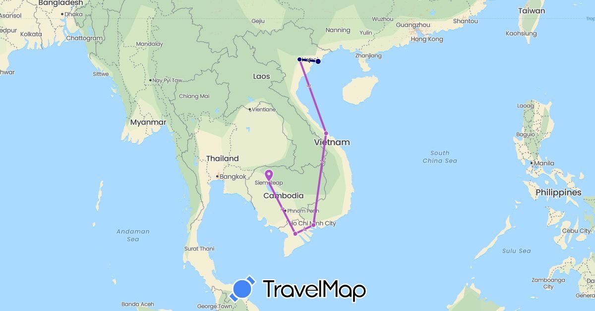 TravelMap itinerary: driving, train in Cambodia, Vietnam (Asia)