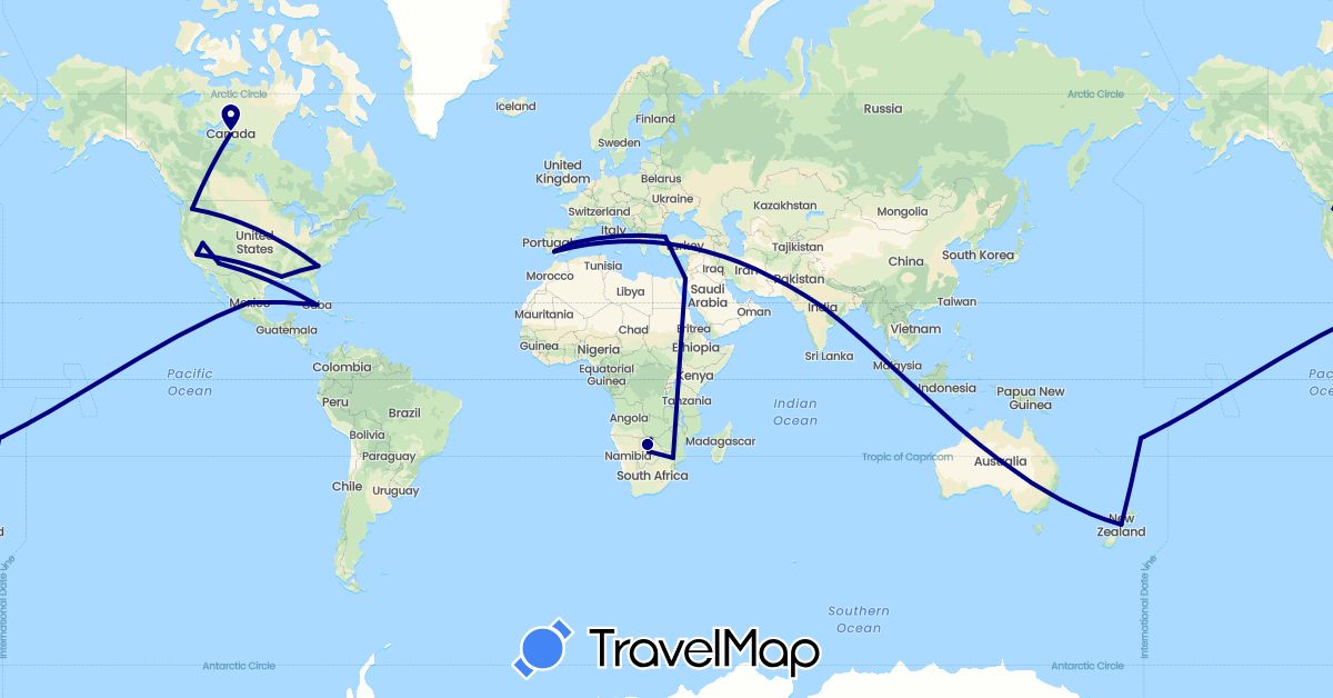 TravelMap itinerary: driving in Botswana, Canada, Cuba, Spain, Fiji, India, Jordan, Mexico, New Zealand, Turkey, United States, South Africa (Africa, Asia, Europe, North America, Oceania)